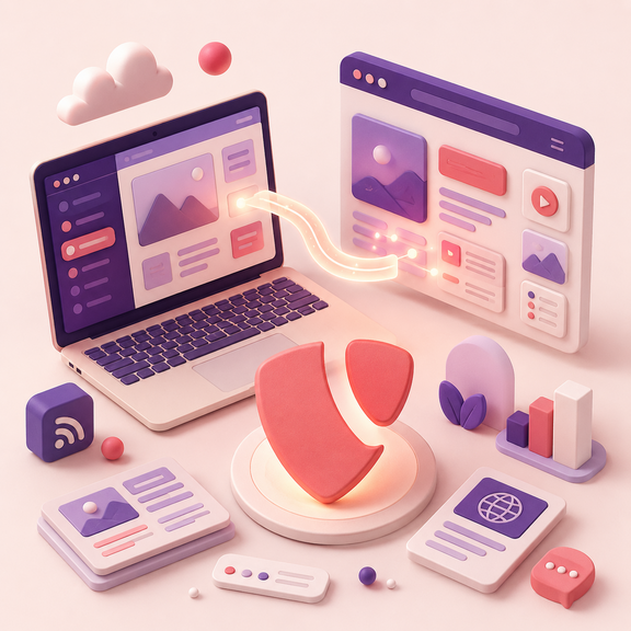 3D-Illustration einer Schnittstelle zwischen PRINS und Website mit Laptop, Weboberfläche und Datenübertragung.
