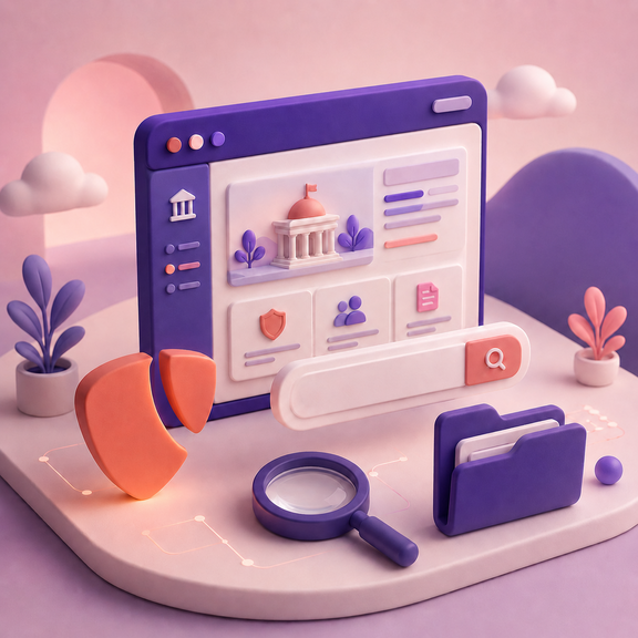3D-Illustration eines Browserfensters mit hervorgehobener Suchleiste, Lupe, Ordner und TYPO3-Symbol als Sinnbild für eine gut auffindbare Behördenwebsite.