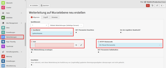 TYPO3-Backend zur Konfiguration einer Weiterleitung mit Quellpfad und Ziel-URL