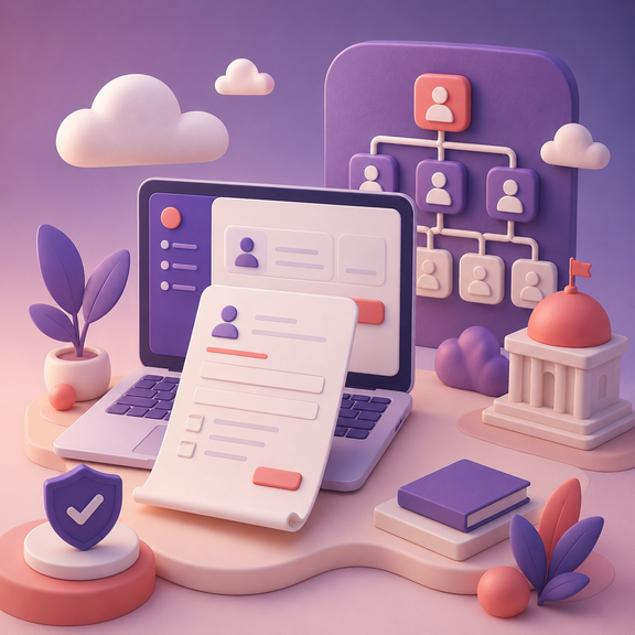 3D-Illustration eines Laptops mit digitalem Formular, Organigramm und Verwaltungssymbolen als Sinnbild für strukturierte digitale Behördenkommunikation.