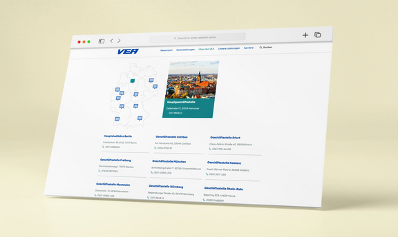 Webseite zeigt auf einer Deutschlandkarte verschiedene VEA-Bürostandorten, inklusive Kontaktkarte und Details zu jedem Büro