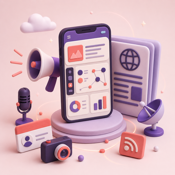 Smartphone-Dashboard für Presse- und Kommunikationsarbeit mit Medien-Symbolen